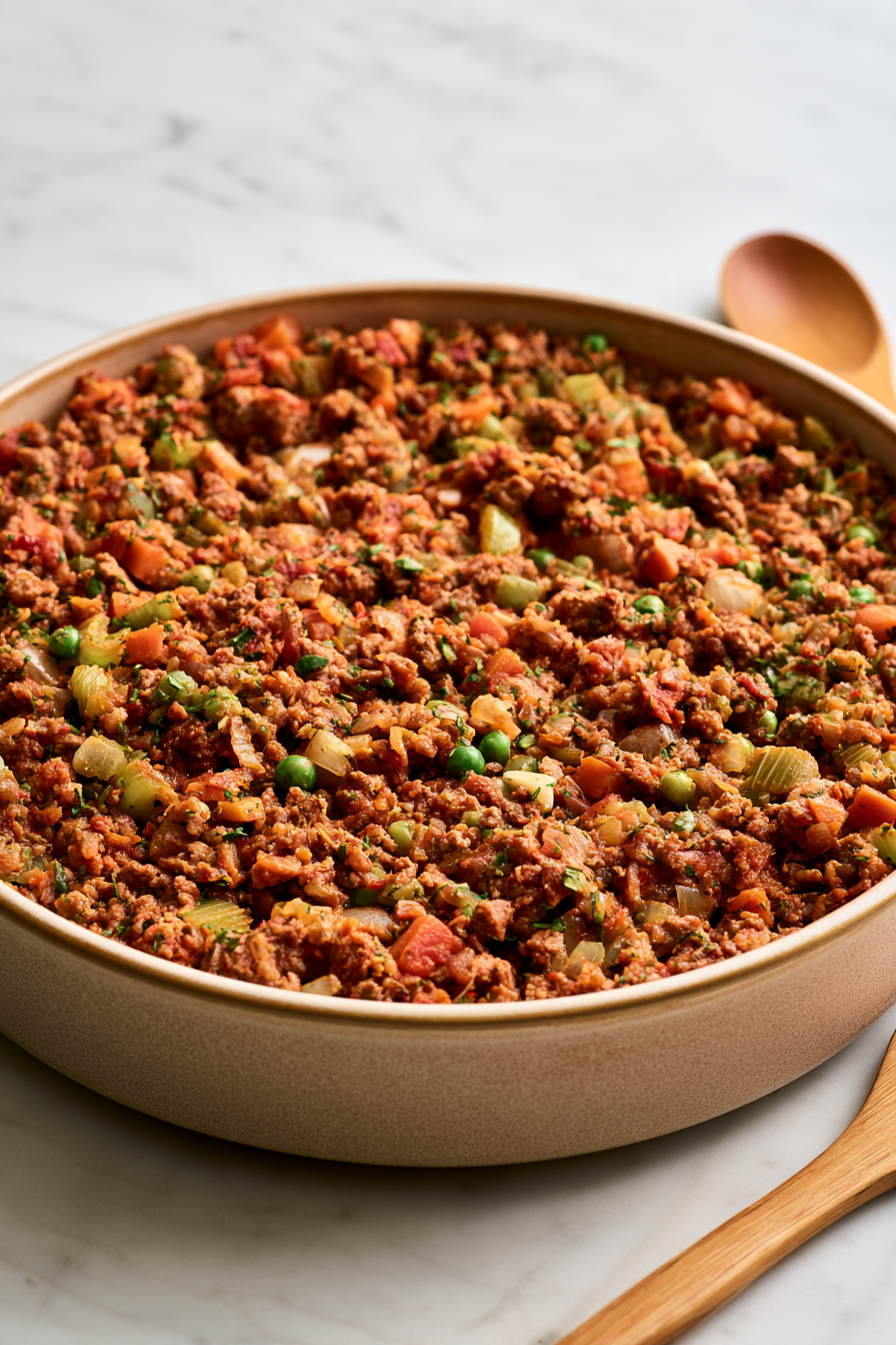 Spread the meat and vegetable mixture evenly in a baking dish, creating a hearty layer