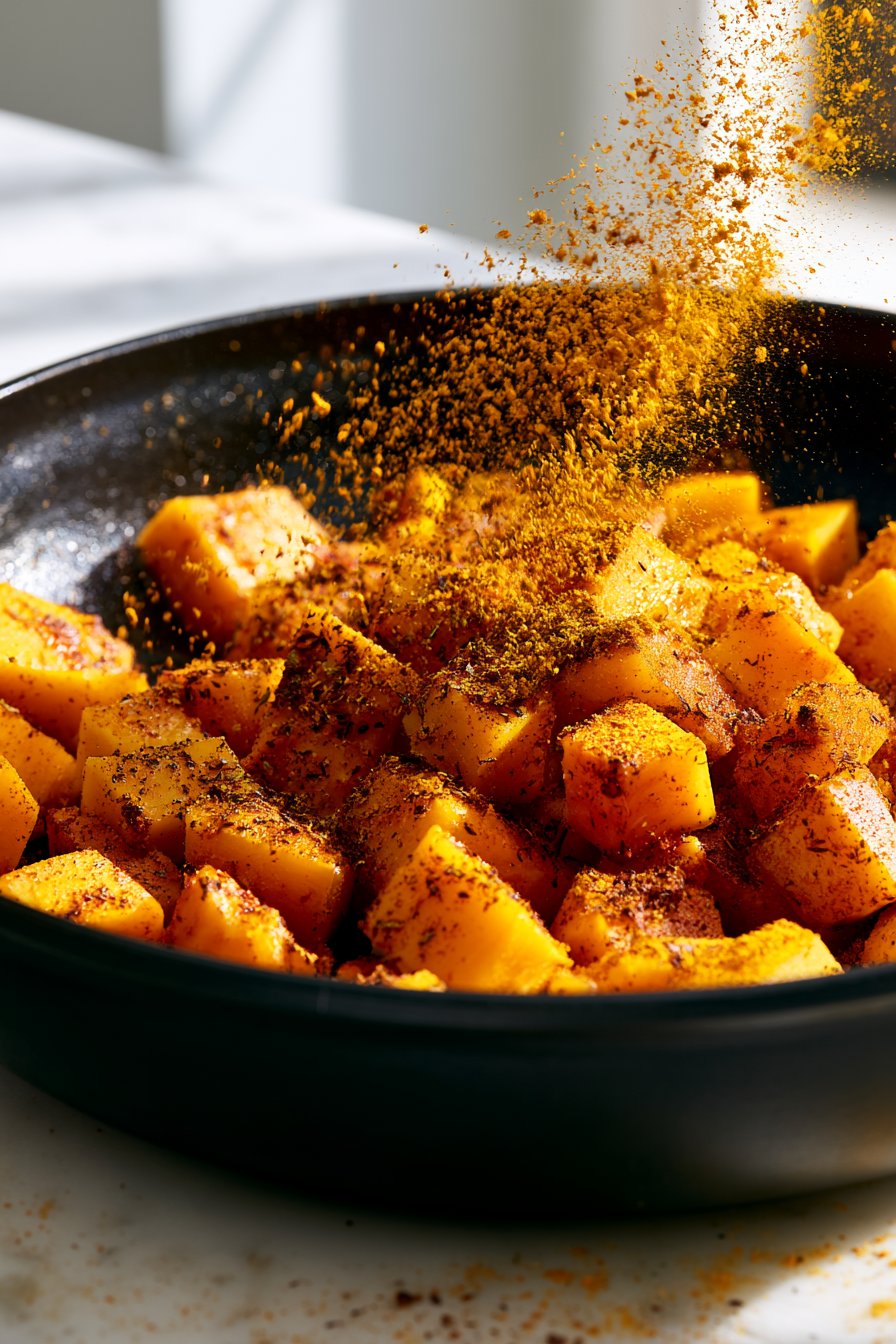 Sprinkle in the curry powder, turmeric, and cumin, stirring to toast the spices for about 30 seconds