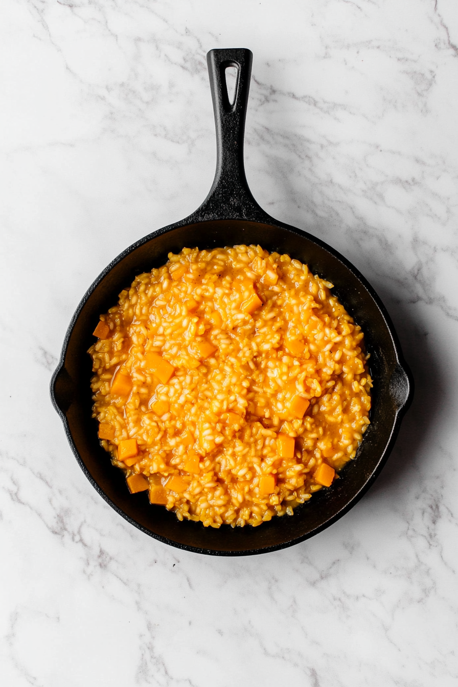 Stir the Arborio rice into the pumpkin mixture, cooking for about 2 minutes, until the rice becomes slightly translucent