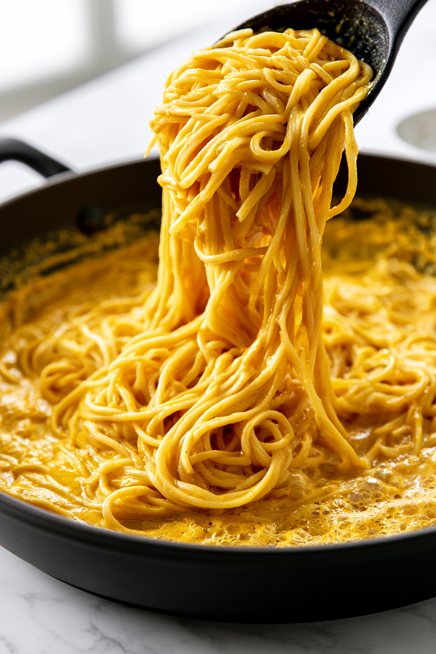 Toss the cooked pasta into the skillet with the pumpkin mixture