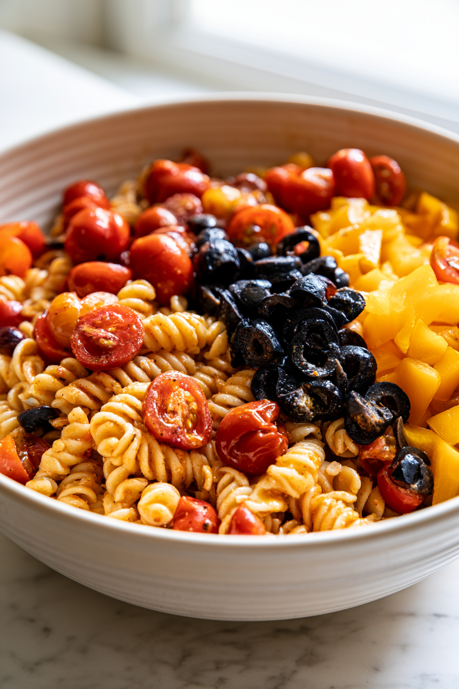 Transfer pasta to another bowl if desired. Add the chopped vegetables, cherry tomatoes, black olives, and yellow bell peppers to the pasta