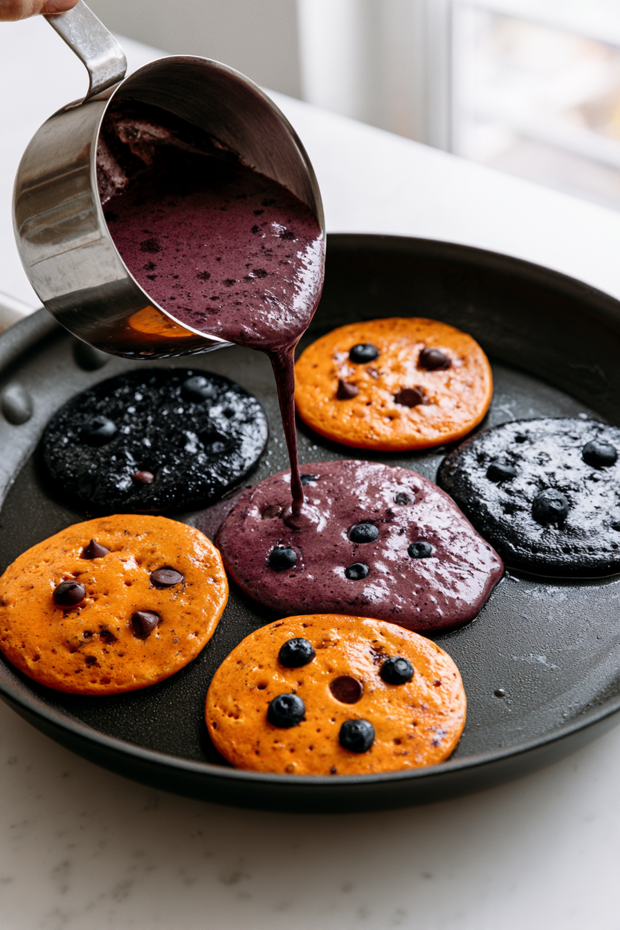 Using a ladle or measuring cup, pour small circles of batter onto the hot skillet to form the base shapes of your pancakes