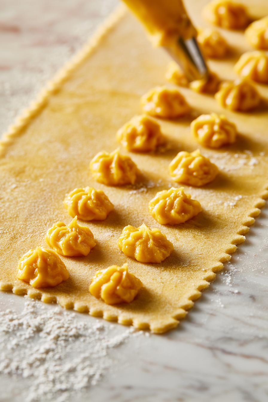 Using a teaspoon or piping bag, dollop small spoonfuls of pumpkin filling onto half of the sheet