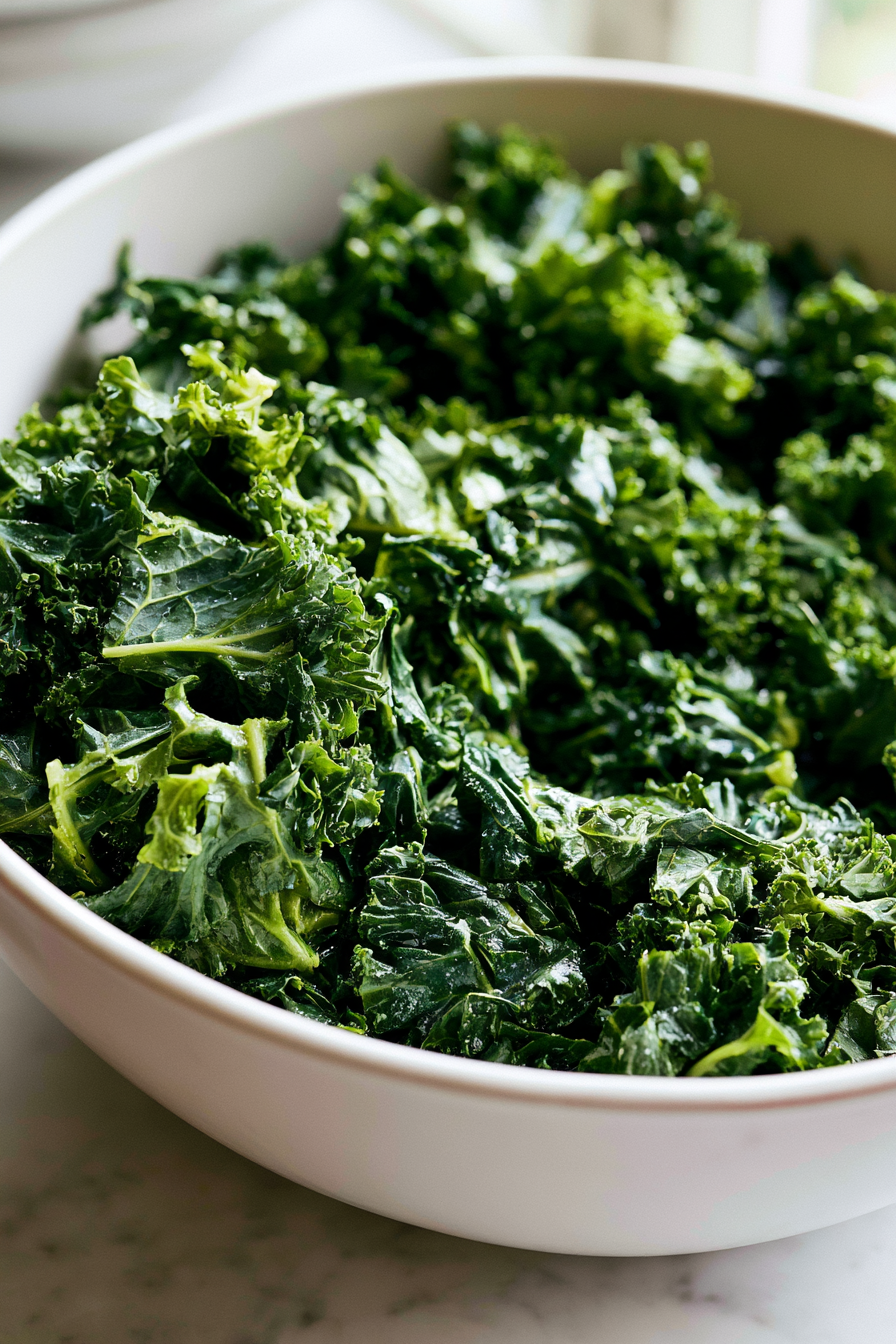 Using your hands, massage the kale with the salt and oil for 2-3 minutes until it turns darker green and feels tender to the touch