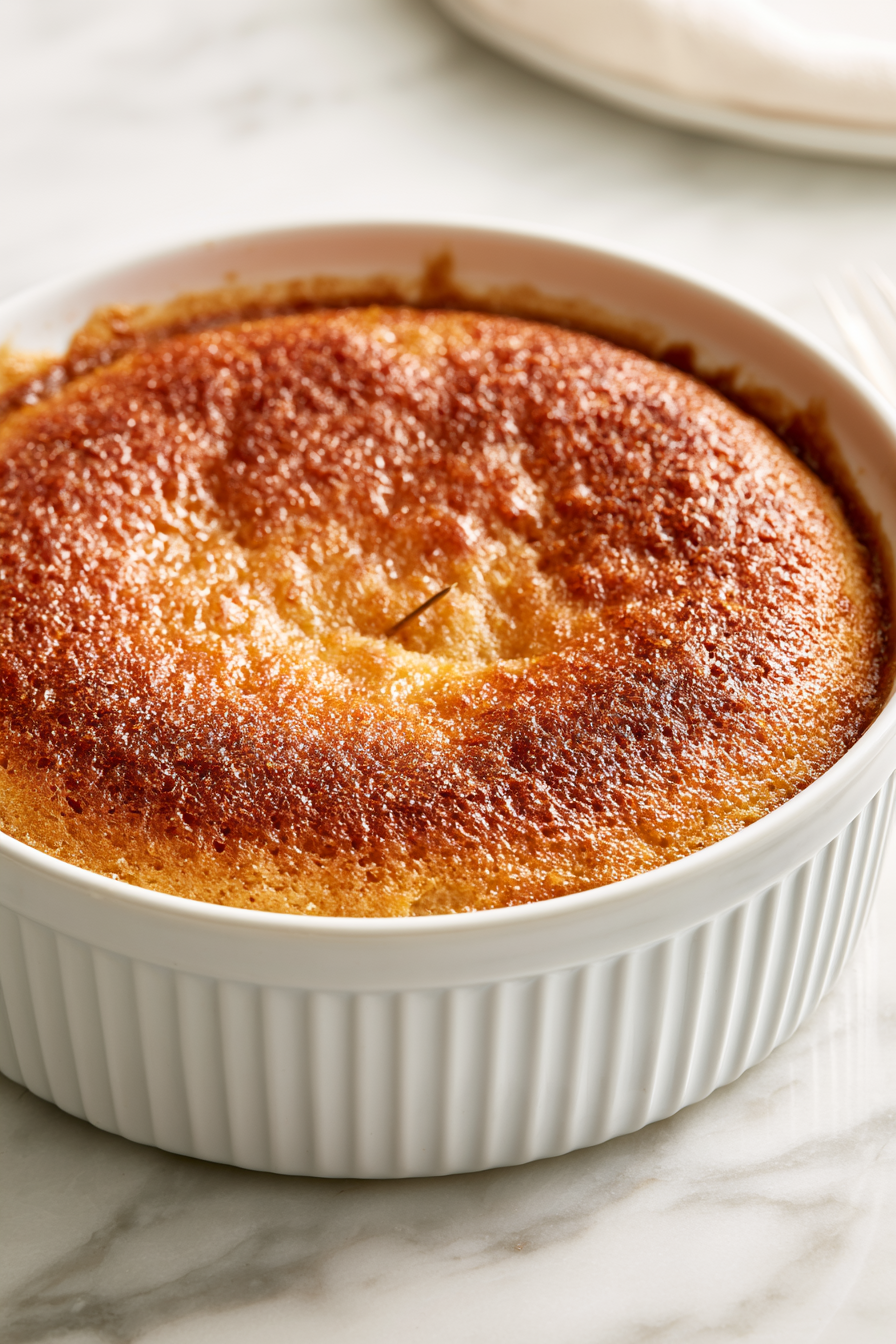Bake for 30–35 minutes for a baking dish or 20–25 minutes for individual ramekins, until the pudding is risen, golden, and a toothpick inserted into the center comes out clean