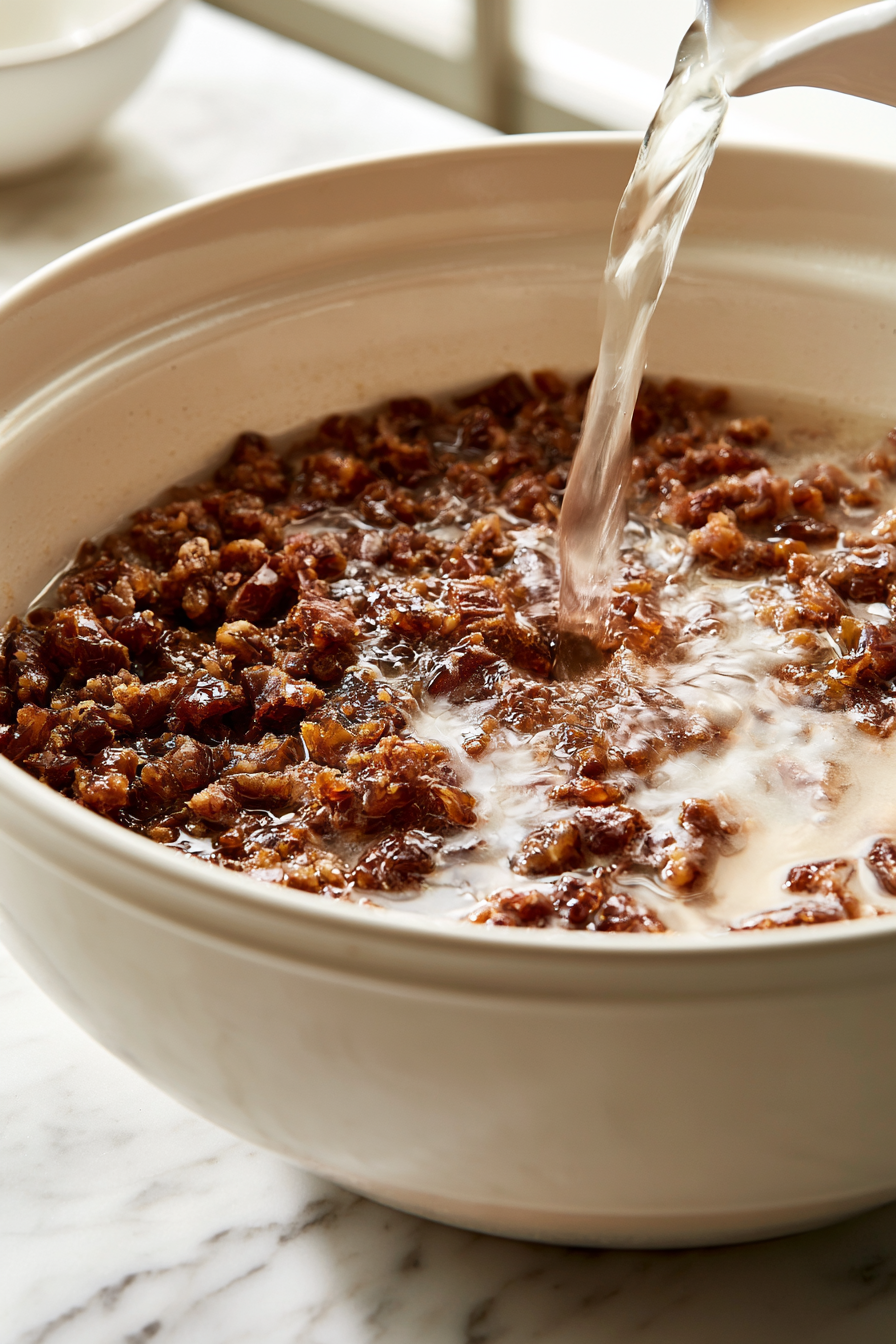 Place the chopped dates and baking soda in a heatproof bowl. Pour the boiling water over the dates and let them soak for about 10 minutes until softened