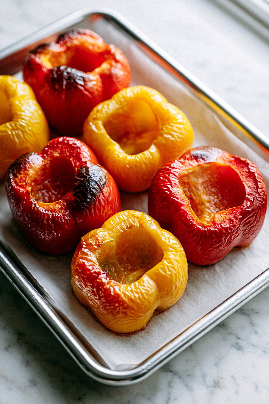 Place the peppers cut-side down on the baking sheet and roast in the oven for about 10 minutes