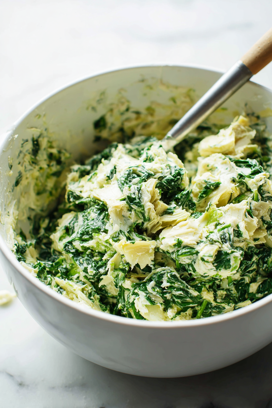 Stir in chopped spinach, drained artichoke hearts, minced garlic, and grated cheese
