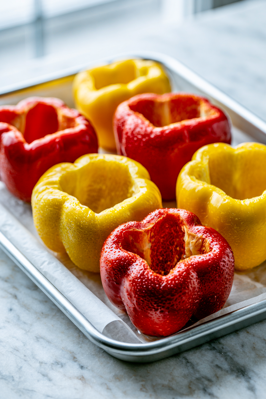 Wash each bell pepper, then slice off the tops and carefully remove the seeds and membranes, keeping the stems intact if you like a rustic look