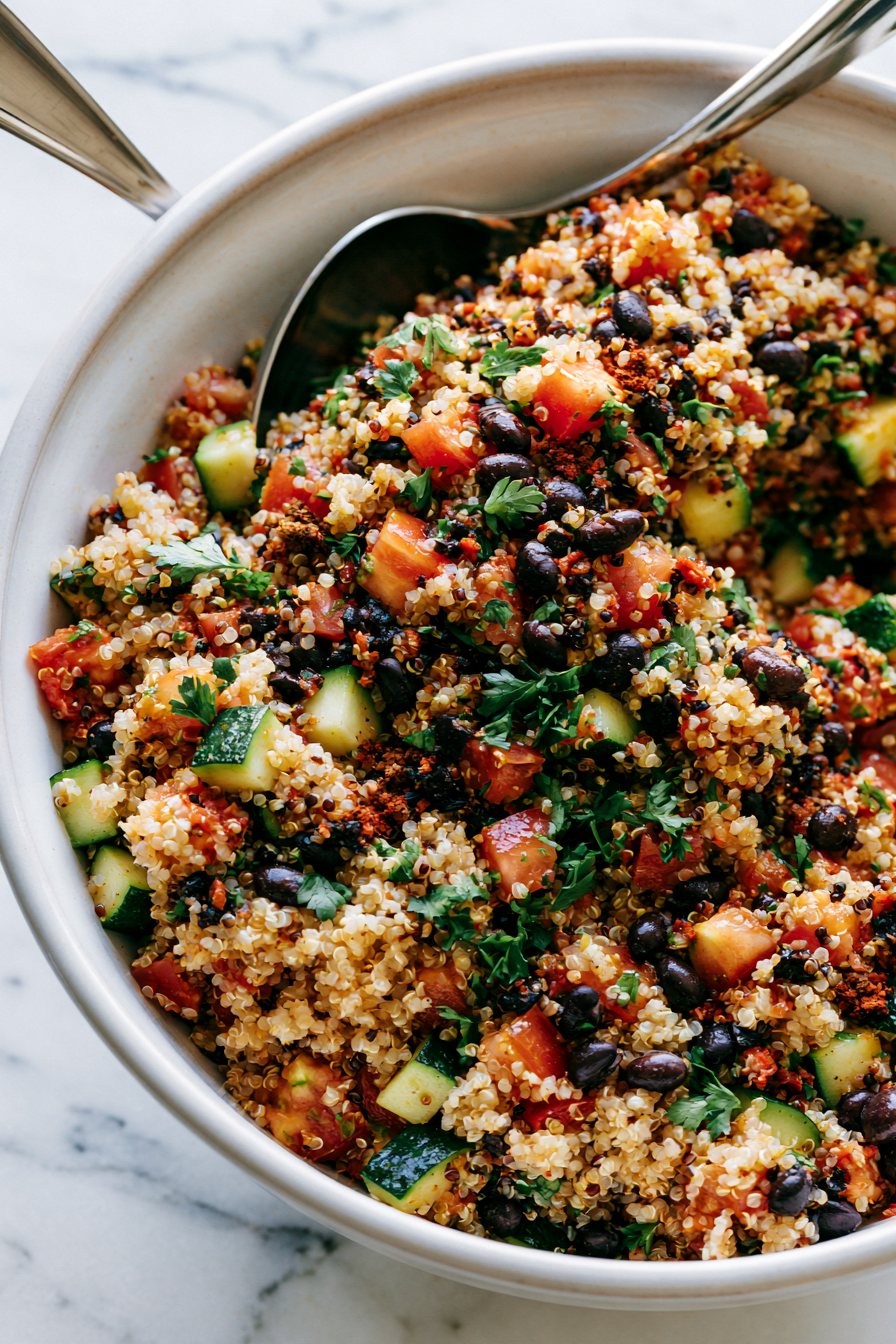 While the peppers roast, combine cooked grains, beans, chopped vegetables, herbs, cumin, smoked paprika, salt, pepper, and a tablespoon of olive oil in a mixing bowl