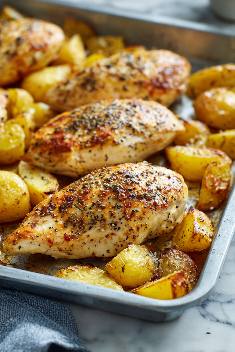 Add chicken to the tray with potatoes