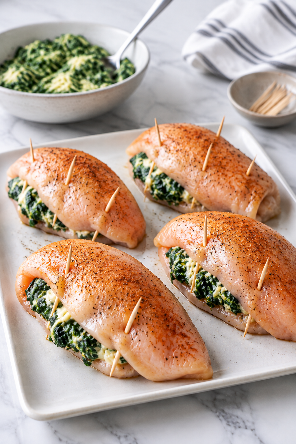 Fold or roll chicken and secure with toothpicks