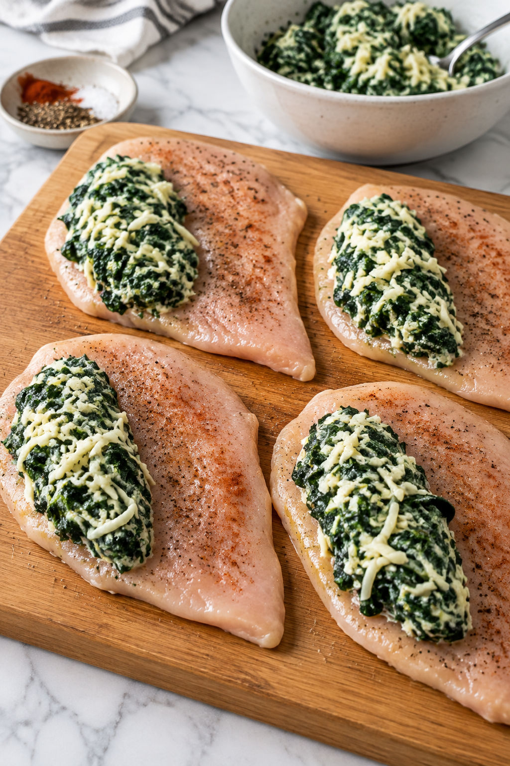 Place filling on one side of each chicken breast