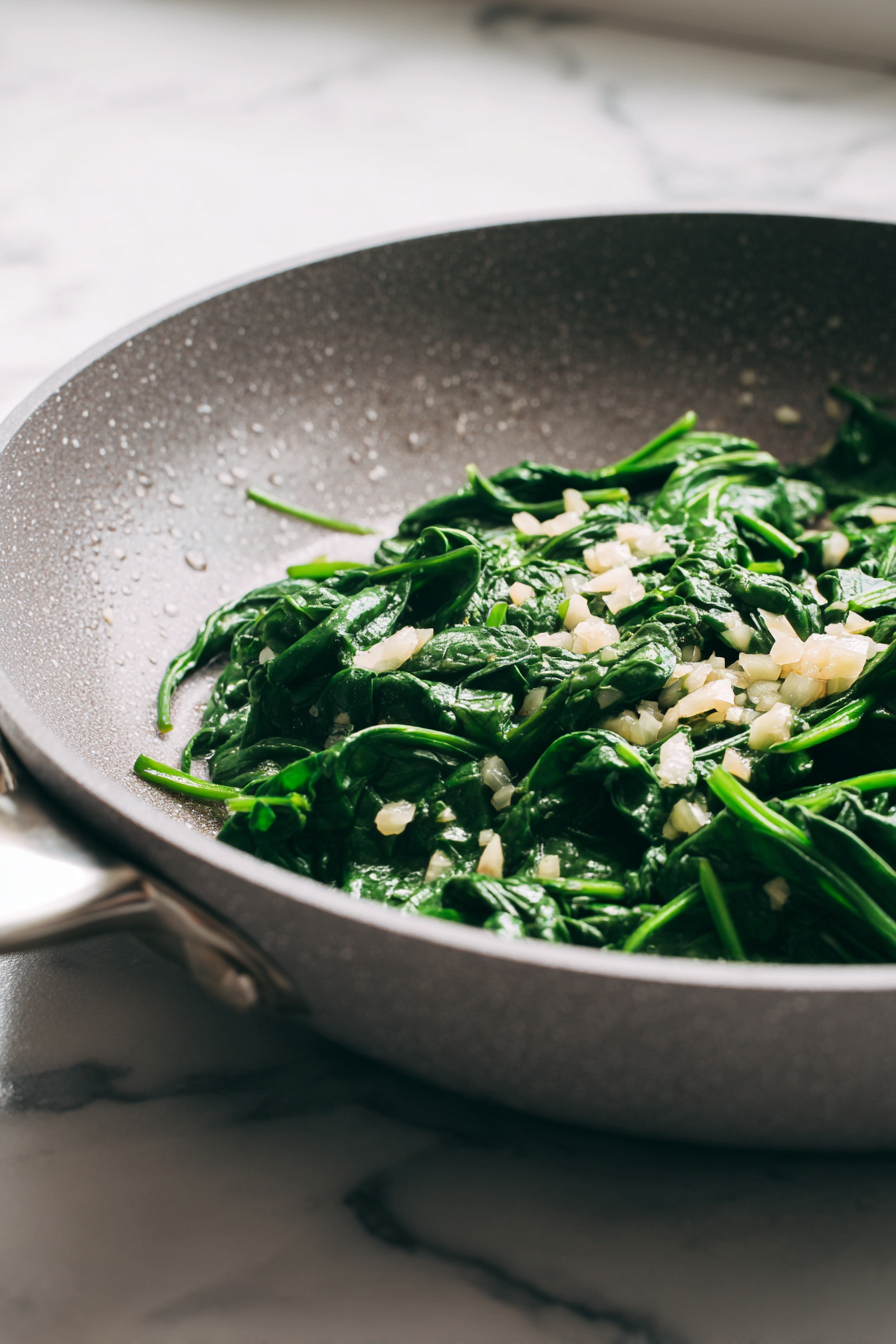 Sauté spinach and garlic briefly until wilted