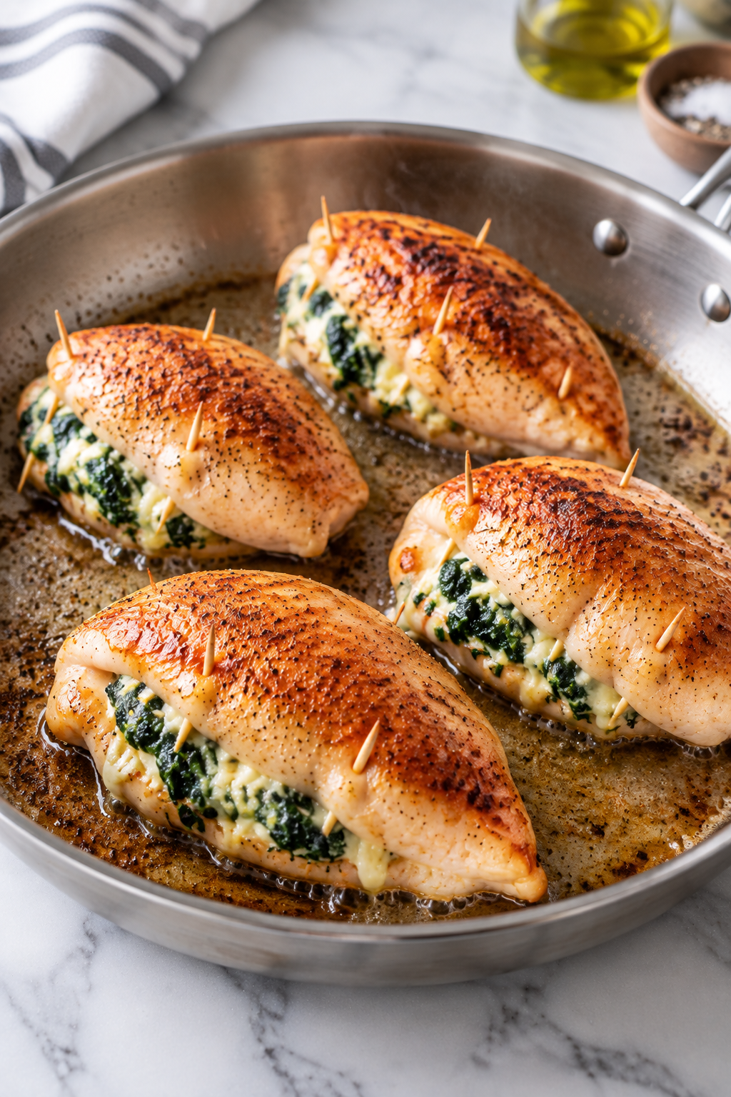 Sear stuffed chicken until golden on both sides
