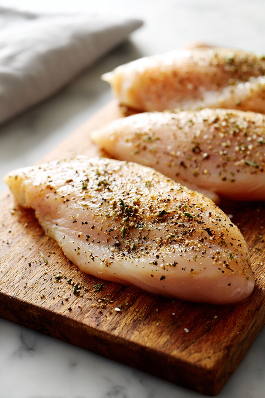 Season chicken braeasts with salt and pepper