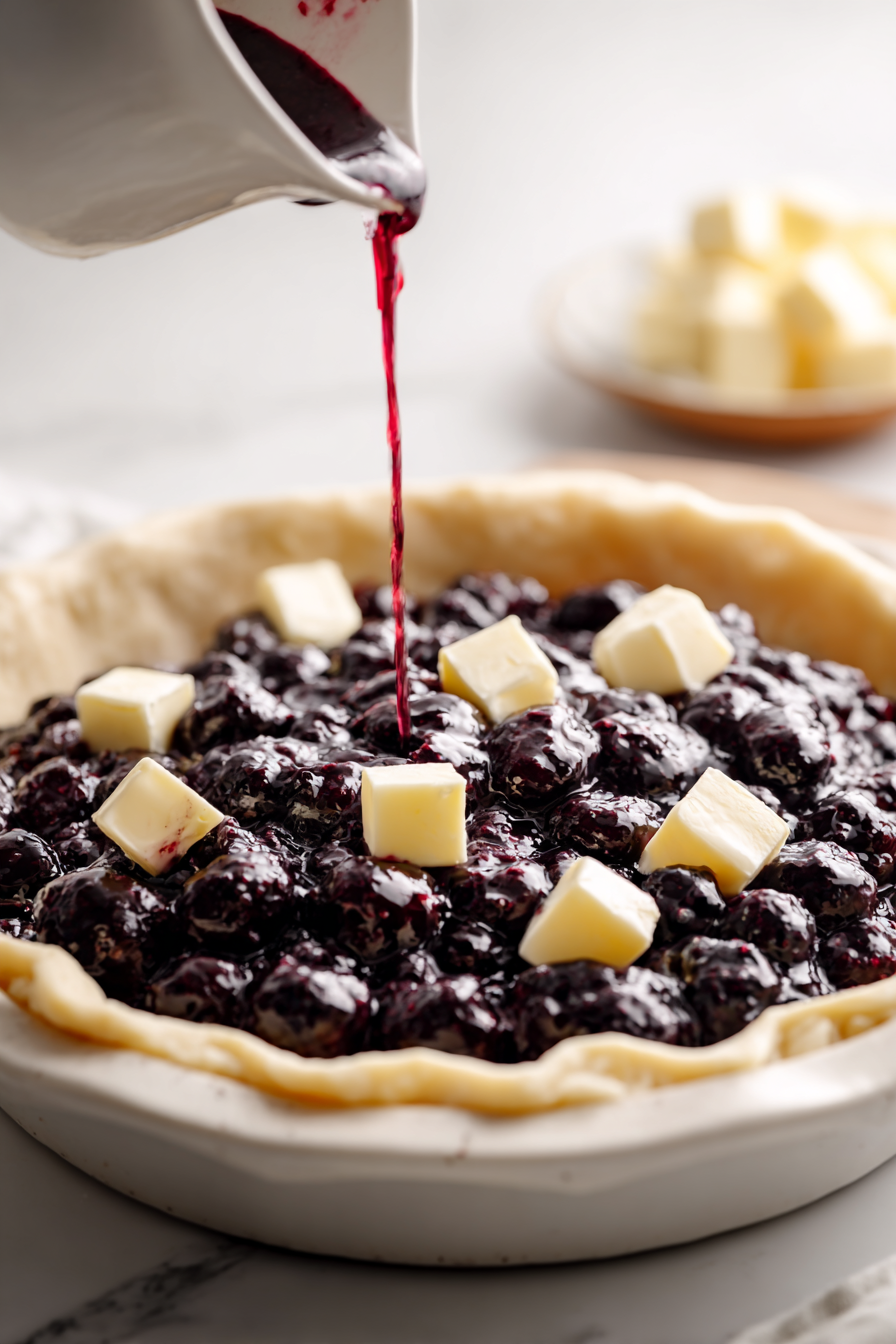 Pour the mulberry filling into the crust and dot the top with butter.