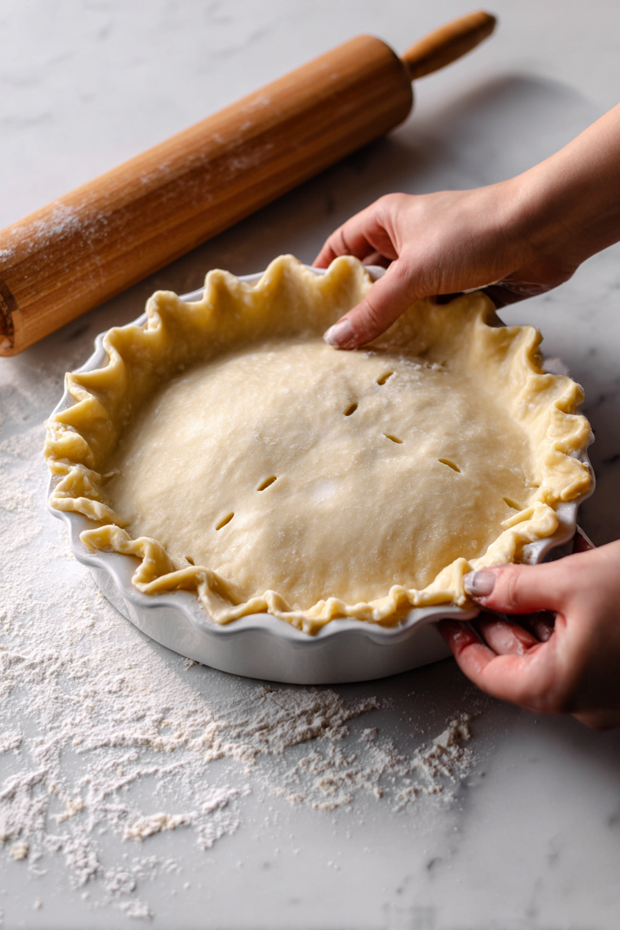 Roll out the second dough disk and place it over the filling