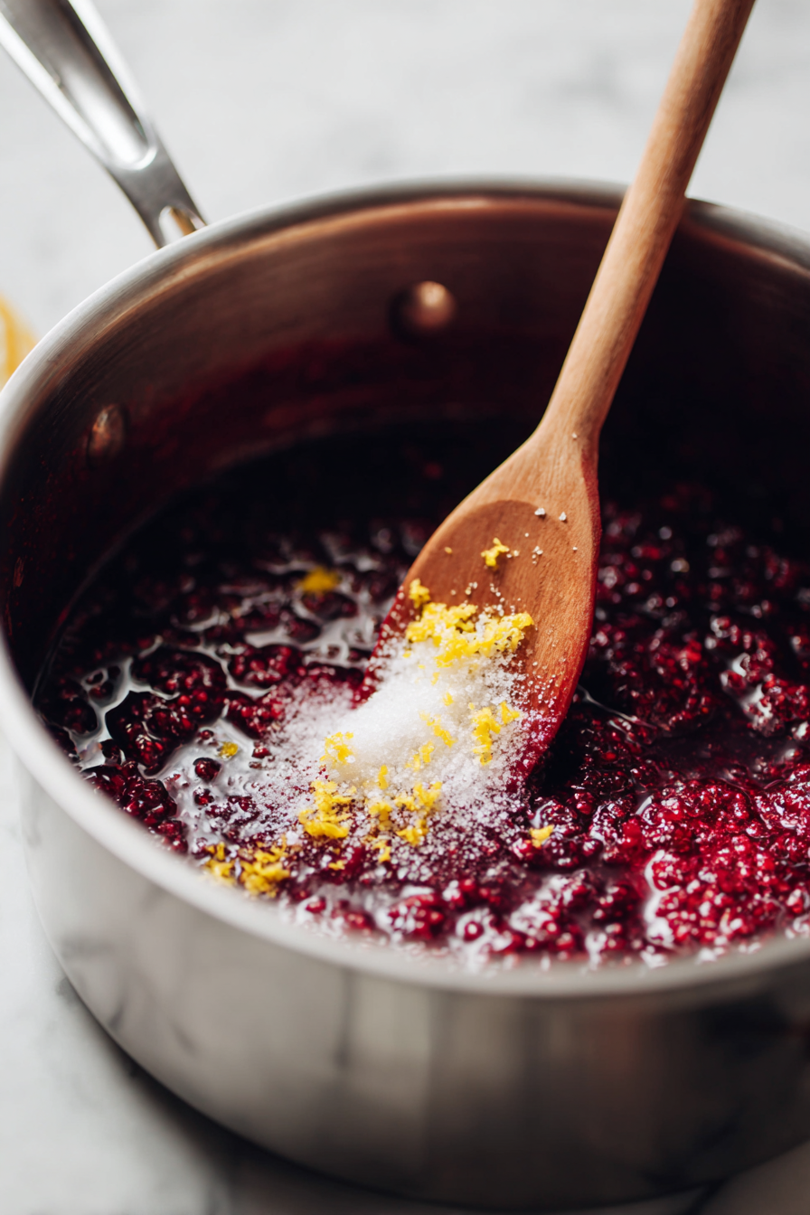 Stir in the sugar, lemon juice, and lemon zest