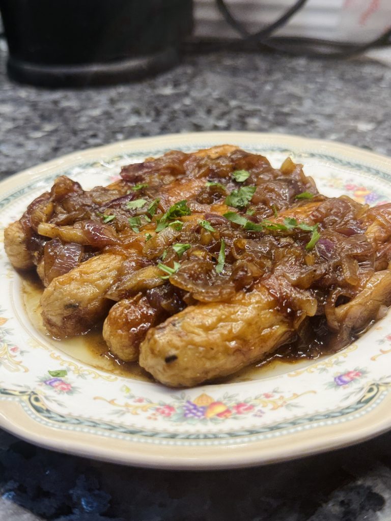 Beer-Braised Bratwurst with Caramelized Onions