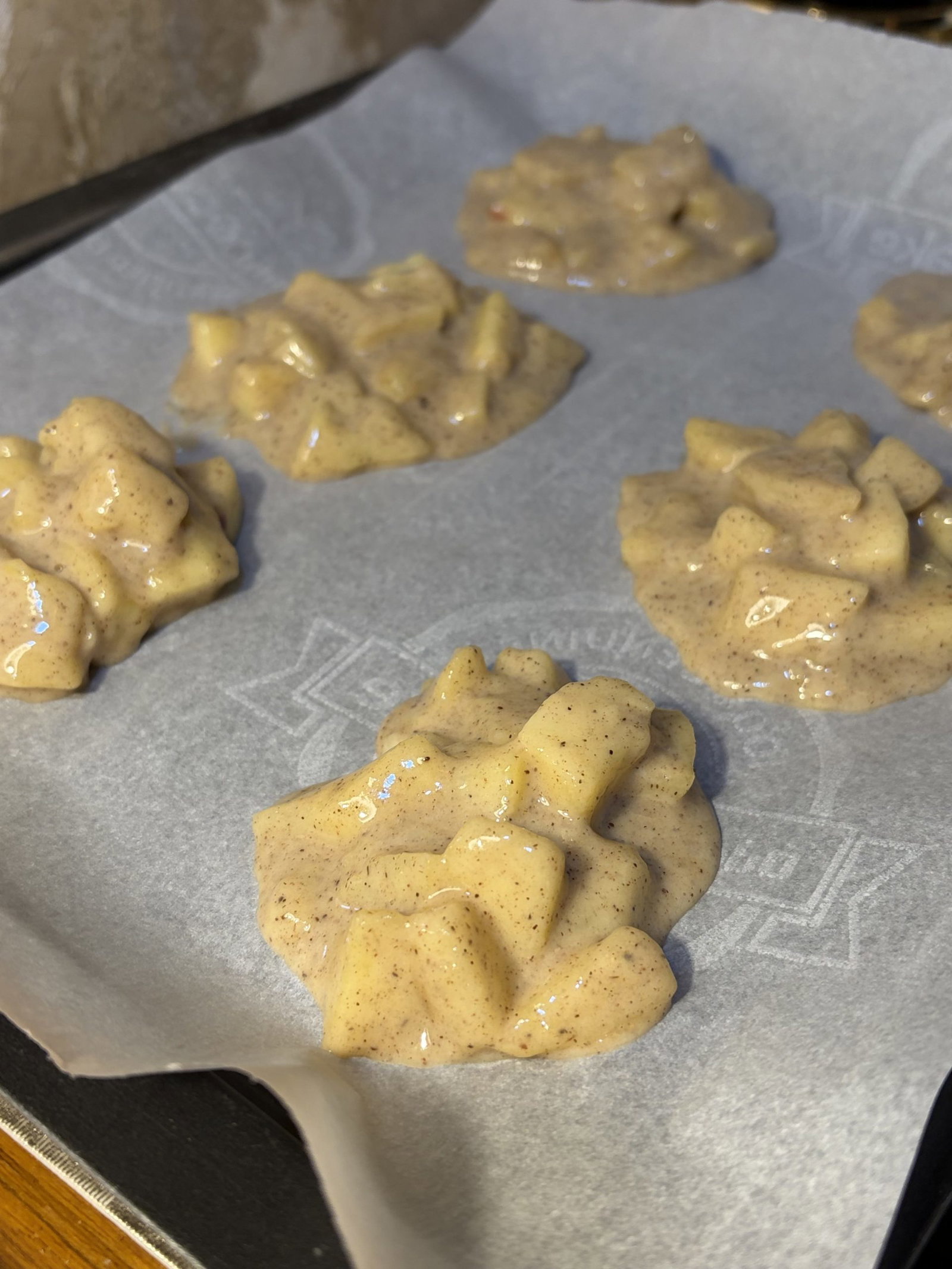 Drop small mounds of batter onto the baking sheet, leaving space between them.