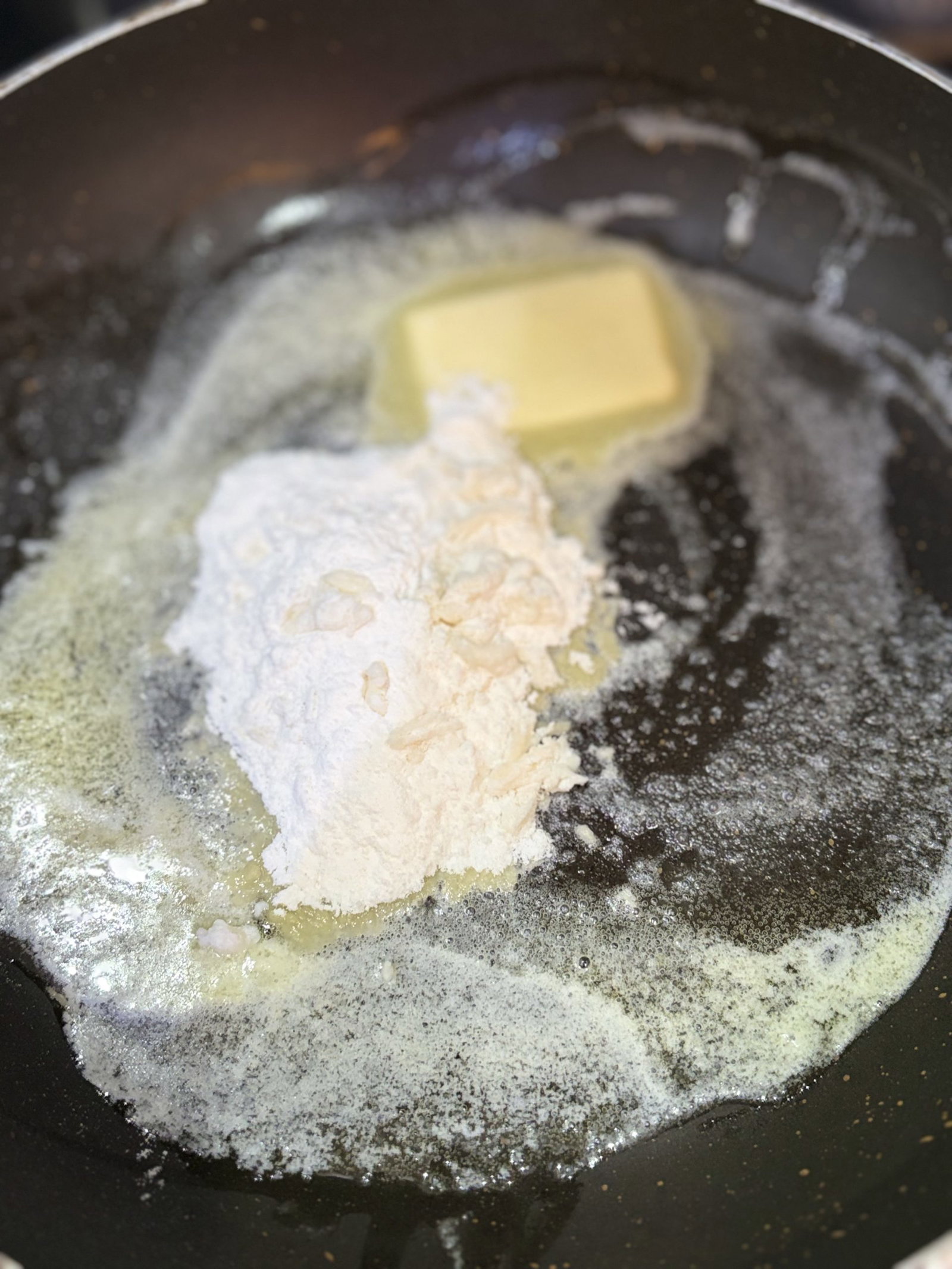 In a saucepan over medium heat, melt the butter, whisk in flour and salt, and cook for about a minute until the raw flour taste is gone.