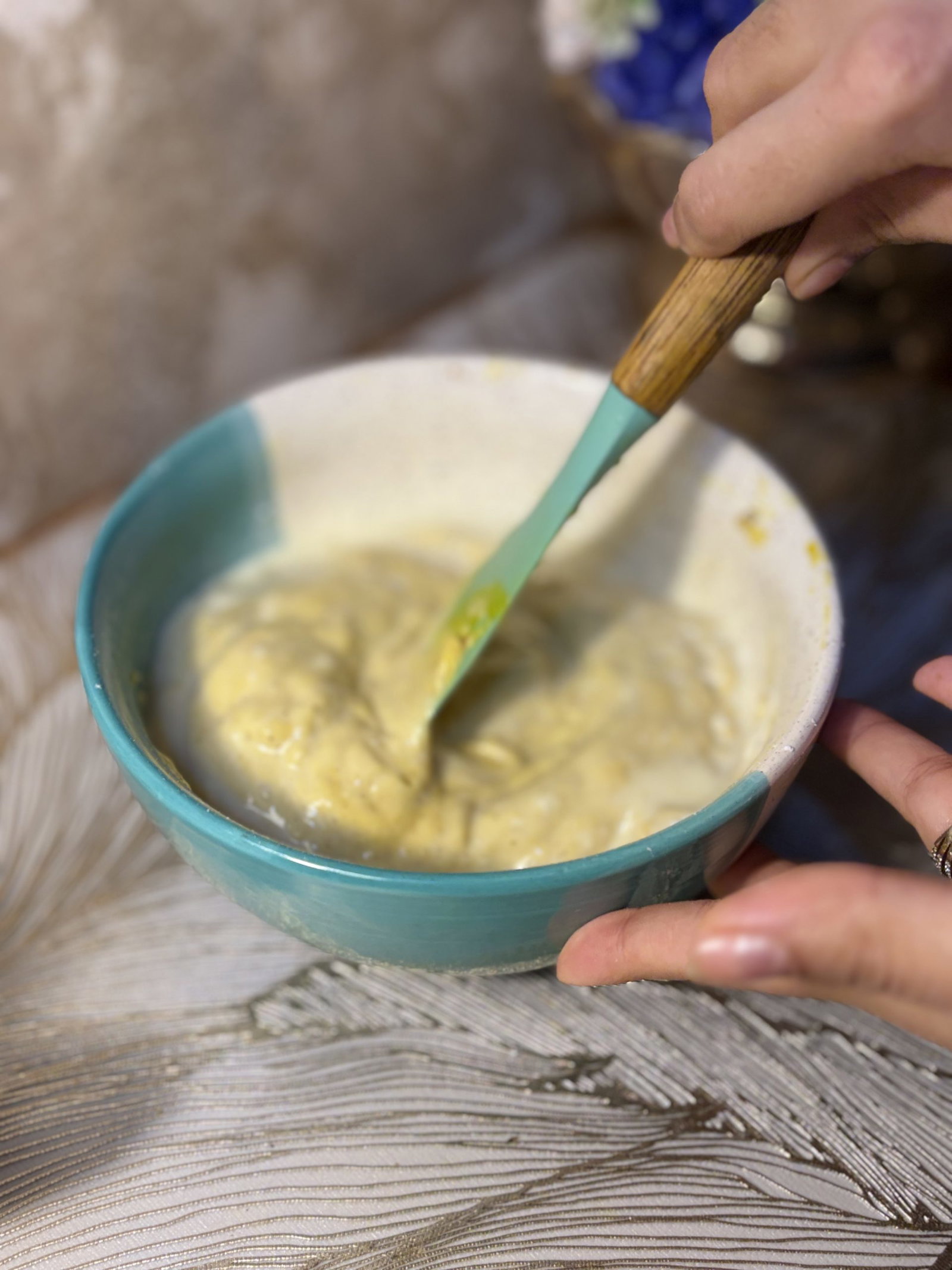 Pour the wet mixture into the dry and stir gently until just combined.