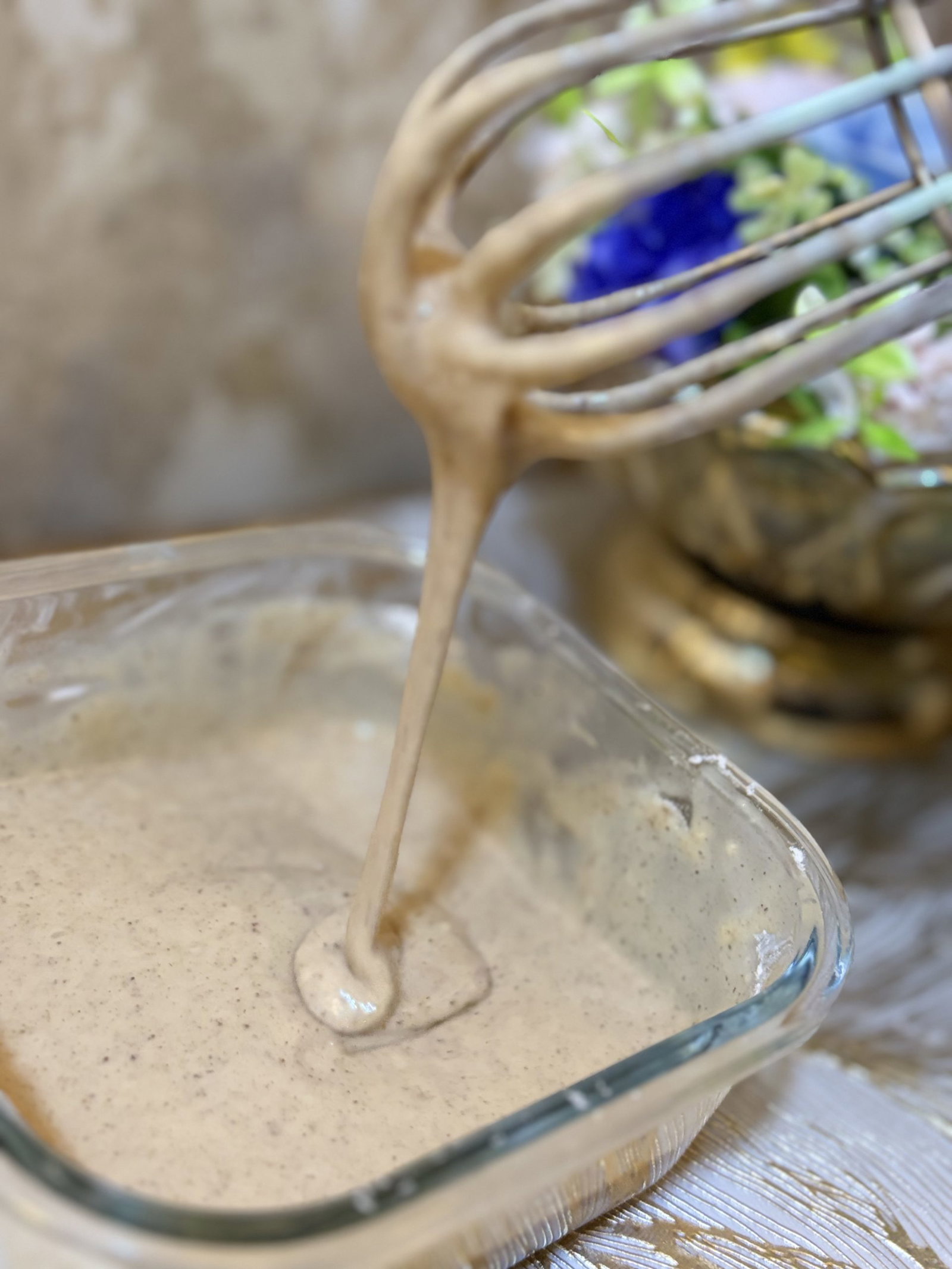 Pour the wet mixture into the dry and stir gently until just combined.
