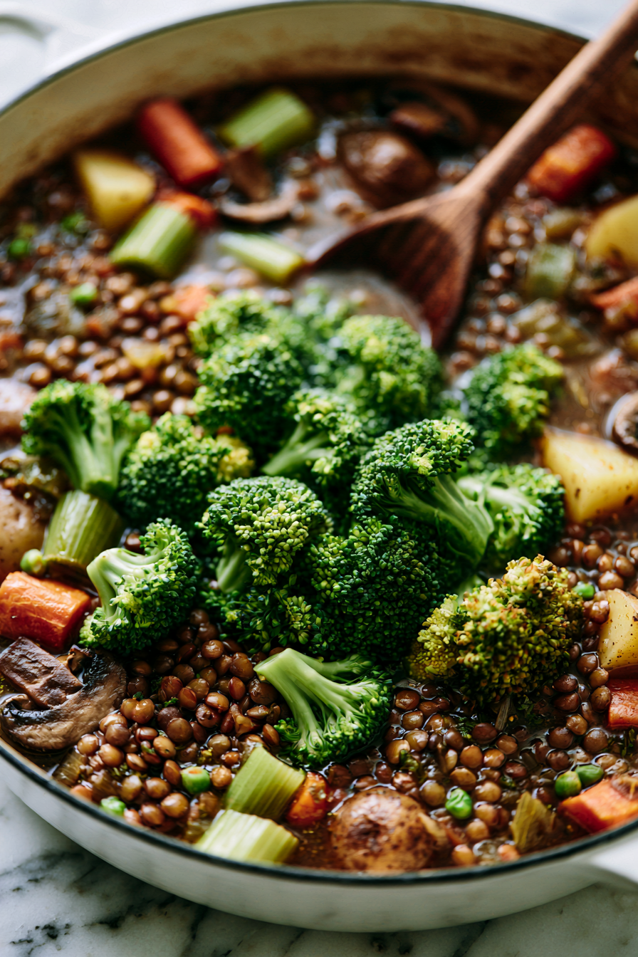 Add the broccoli florets during the last 8 minutes of cooking so they stay bright and slightly crisp