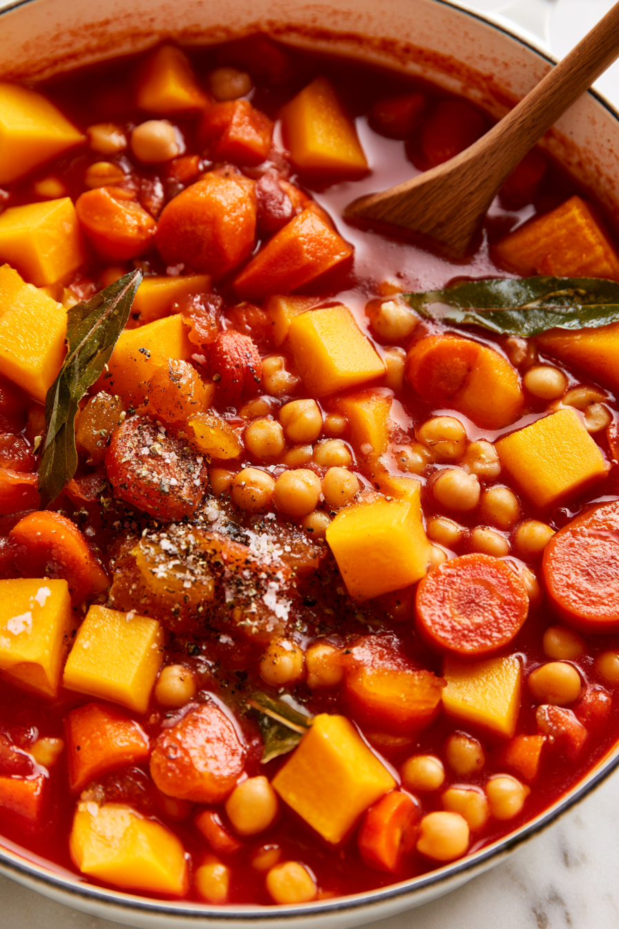 Add the butternut squash, carrots, chickpeas, dried apricots, bay leaves, salt, and black pepper