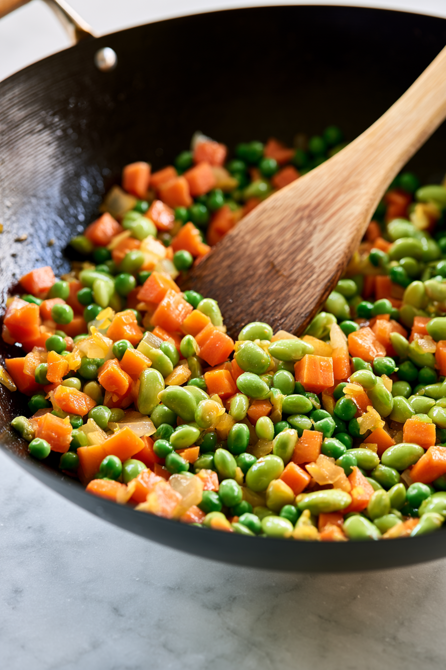 Add the carrots and cook for 3 minutes, then stir in the peas and edamame.