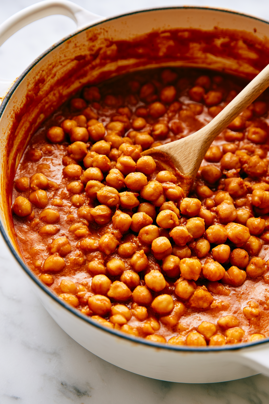 Add the chickpeas and stir until evenly coated. Simmer for 8 to 10 minutes so the chickpeas absorb the flavors
