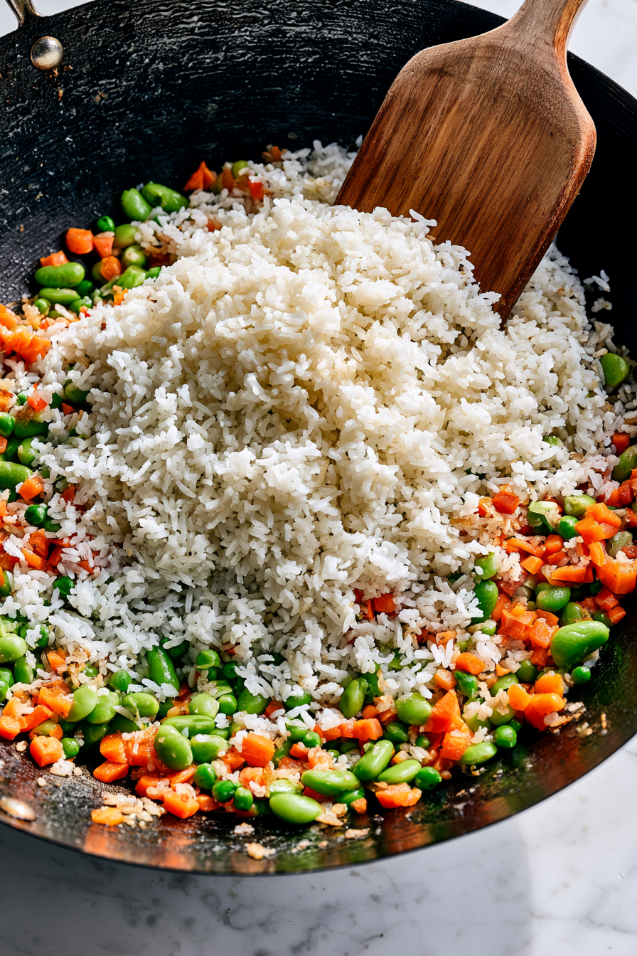 Add the chilled rice, breaking up any clumps with a spatula. Stir-fry for 3 to 4 minutes until the rice begins to crisp slightly.