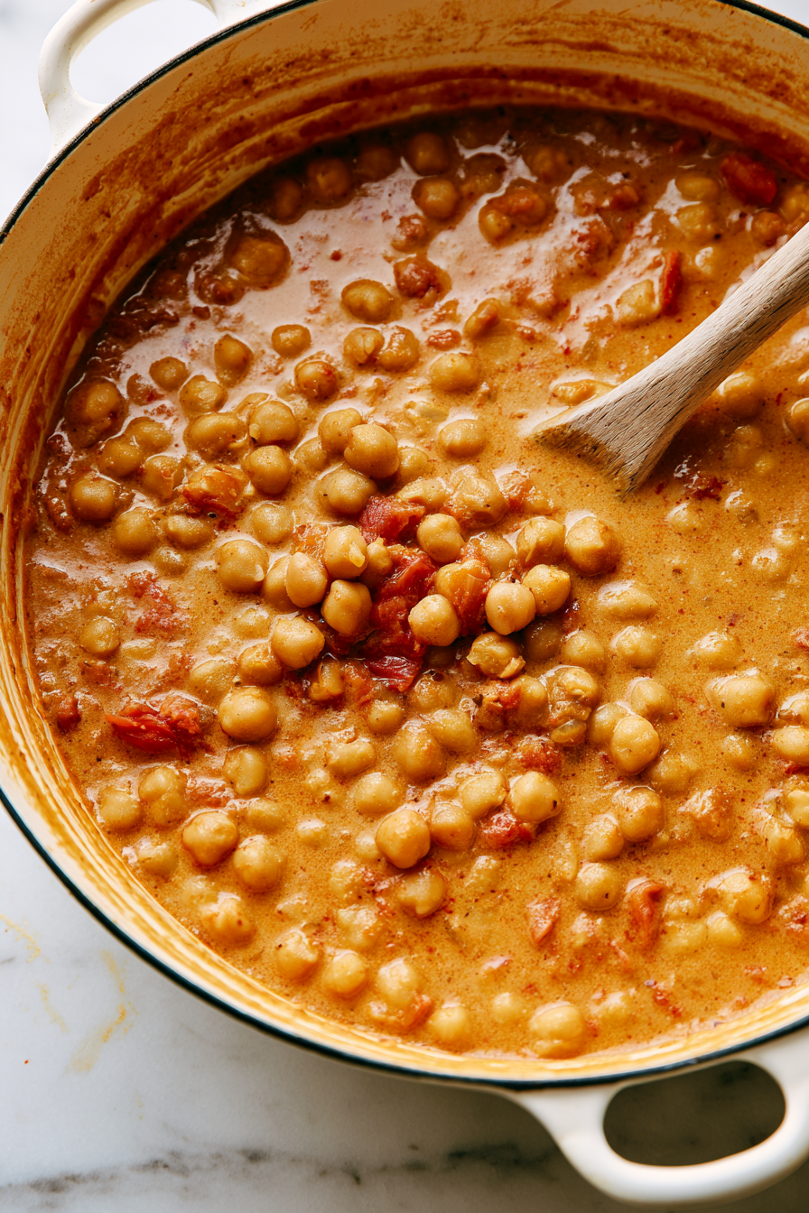 Add the coconut milk, vegetable broth, and chickpeas. Stir well, bring the curry to a gentle simmer, then reduce the heat to medium-low