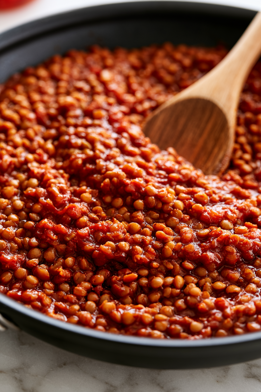Add the cooked lentils and stir well to coat them evenly in the sauce.