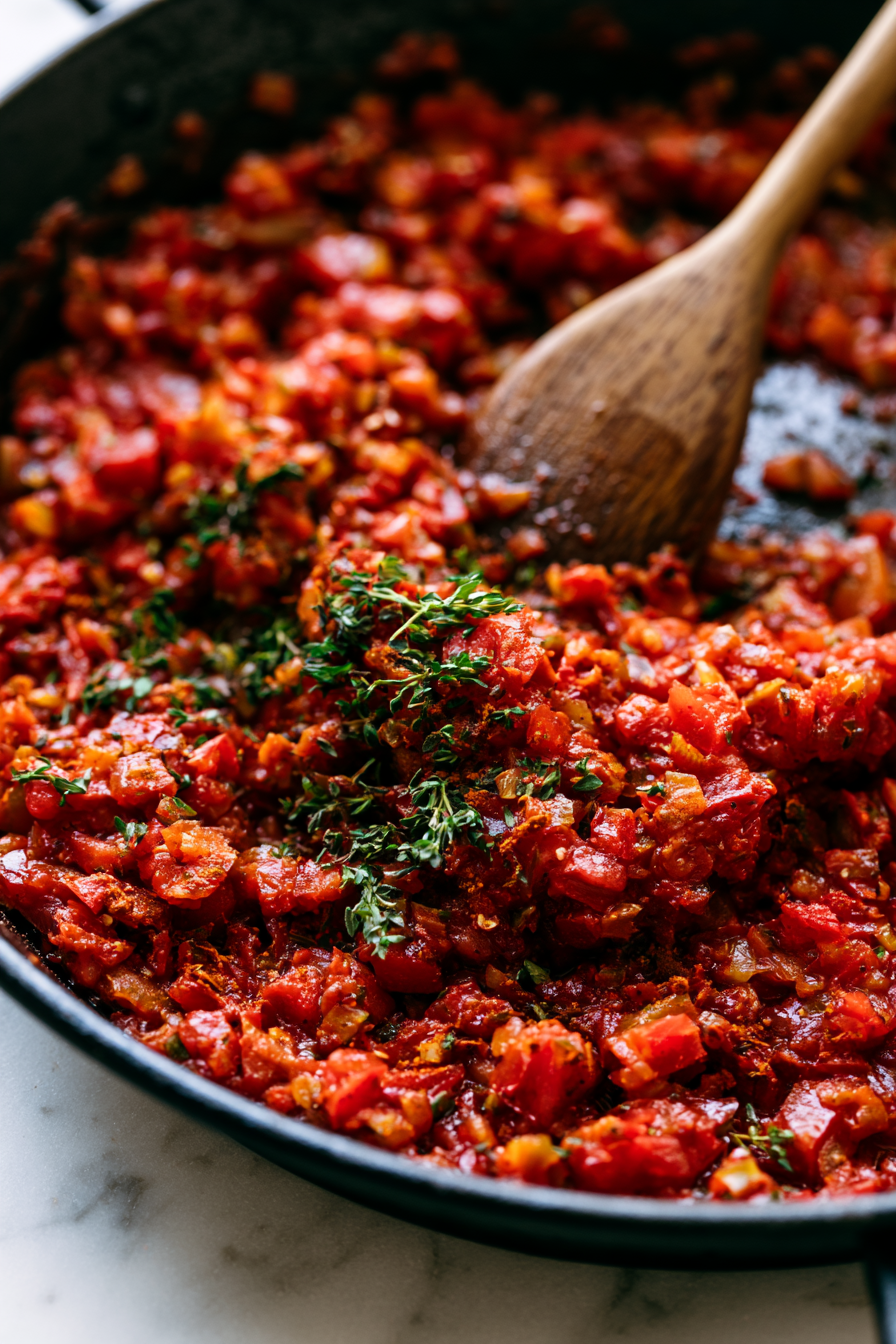 Add the diced tomato, smoked paprika, sweet paprika, and thyme. Cook for another 4 to 5 minutes