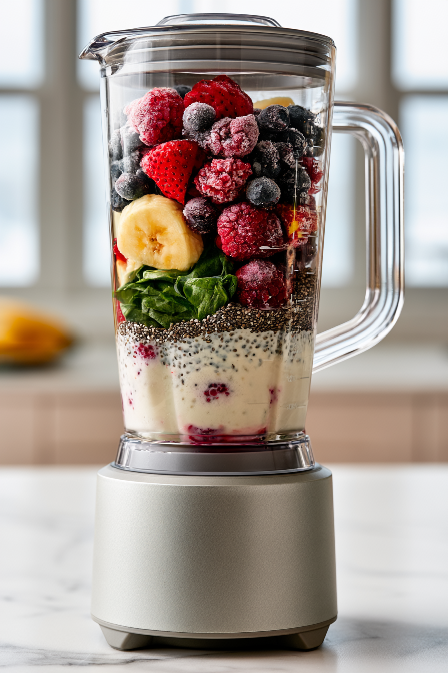 Add the frozen strawberries, blueberries, raspberries, and banana. If using honey, spinach, chia seeds, or protein powder, add them now.