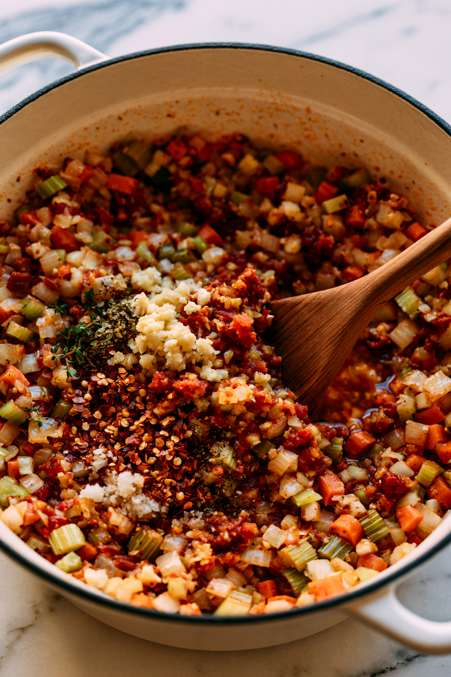 Add the garlic, tomato paste, oregano, thyme, red pepper flakes, salt, and black pepper