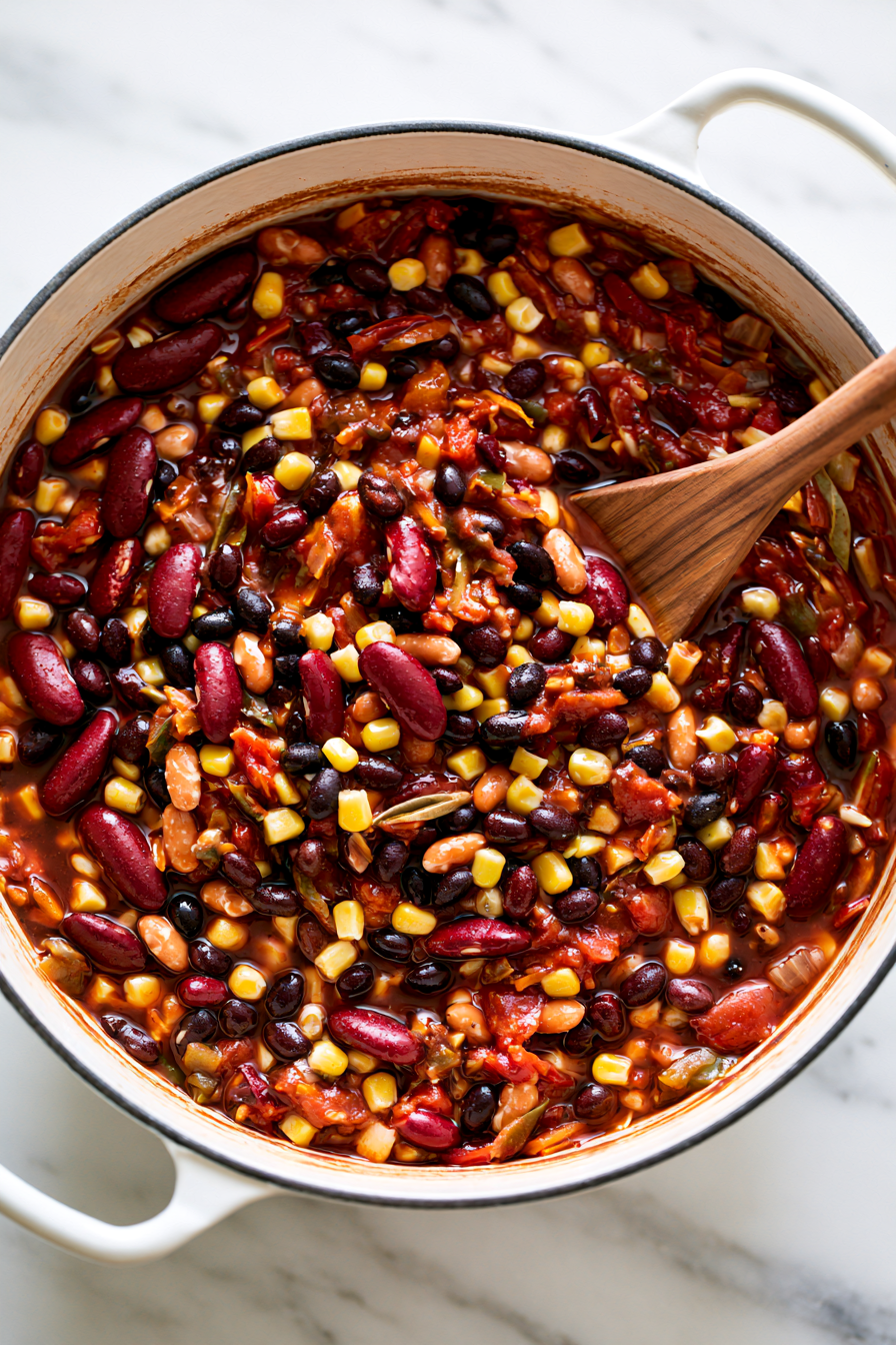 Add the kidney beans, black beans, pinto beans, corn, soy sauce, maple syrup, cocoa powder, bay leaf, salt, and black pepper