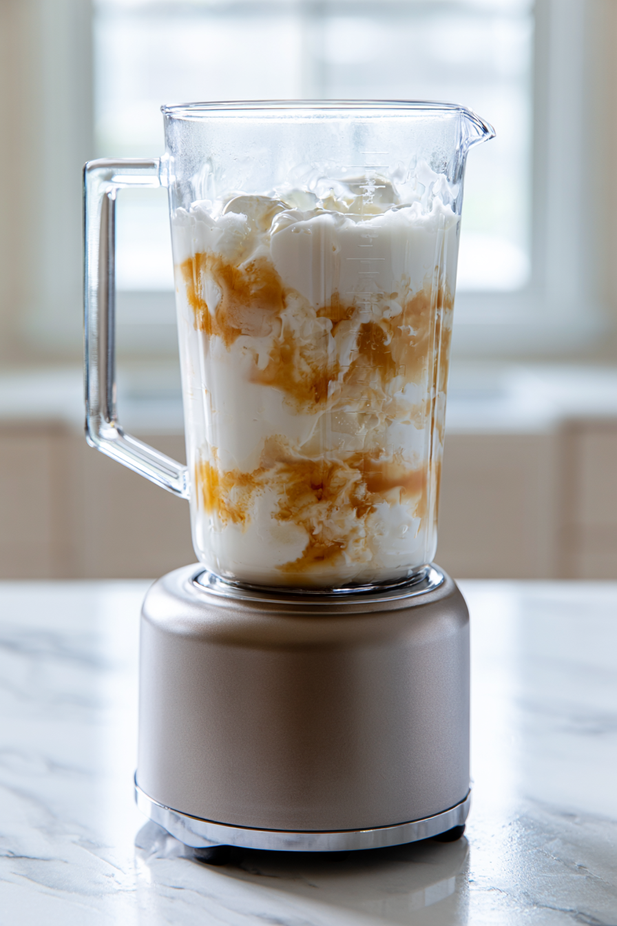 Add the milk to the blender first, followed by the Greek yogurt and vanilla extract.
