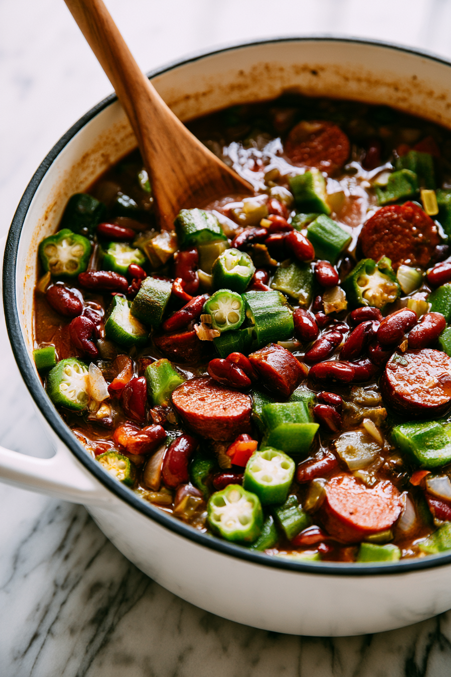 Add the okra, kidney beans, vegan sausage, tamari, and hot sauce if using