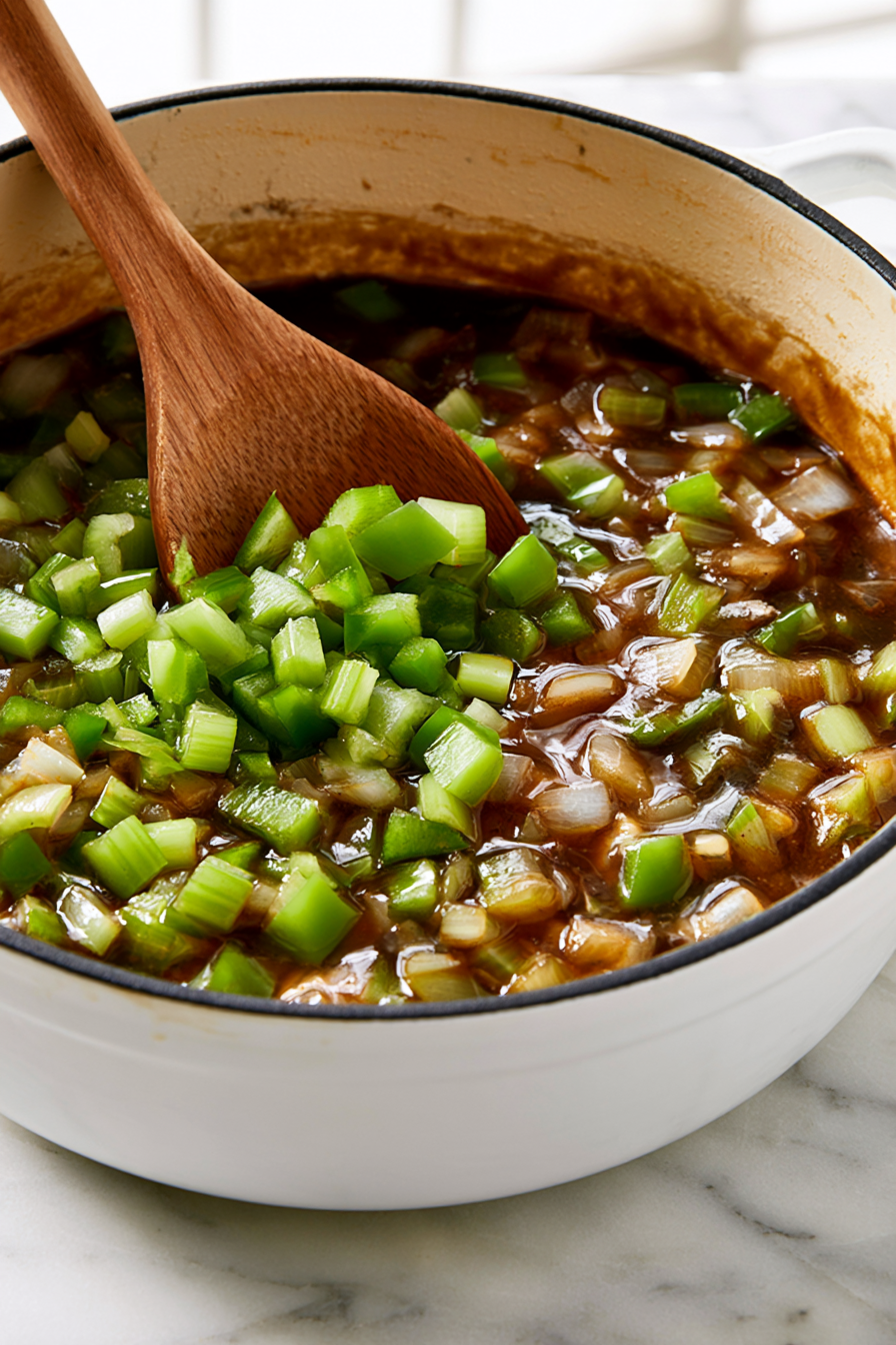 Add the onion, bell pepper, and celery to the pot. Cook for about 6 minutes until softened