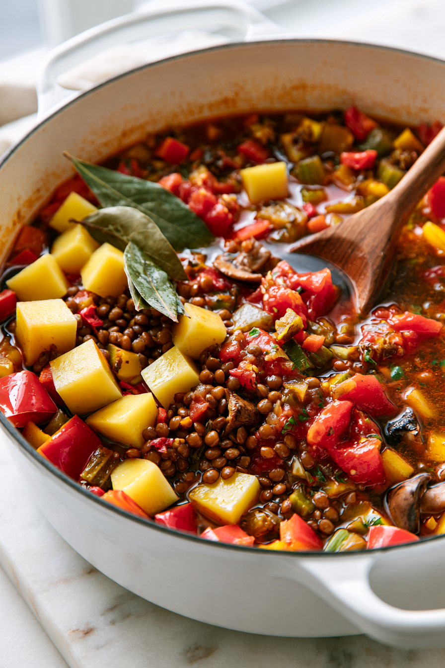 Add the potatoes, lentils, diced tomatoes, vegetable broth, soy sauce, and bay leaves