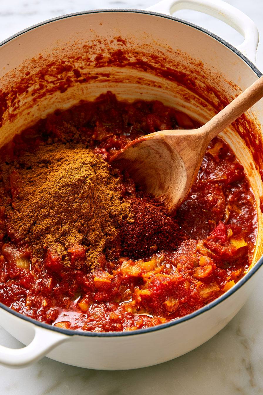 Add the ras el hanout, cumin, coriander, cinnamon, turmeric, cayenne, and tomato paste
