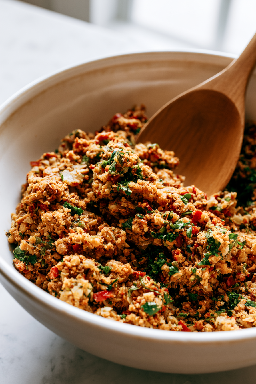 Add the sautéed vegetables soy sauce vegan Worcestershire sauce Dijon mustard flax egg oats breadcrumbs and parsley