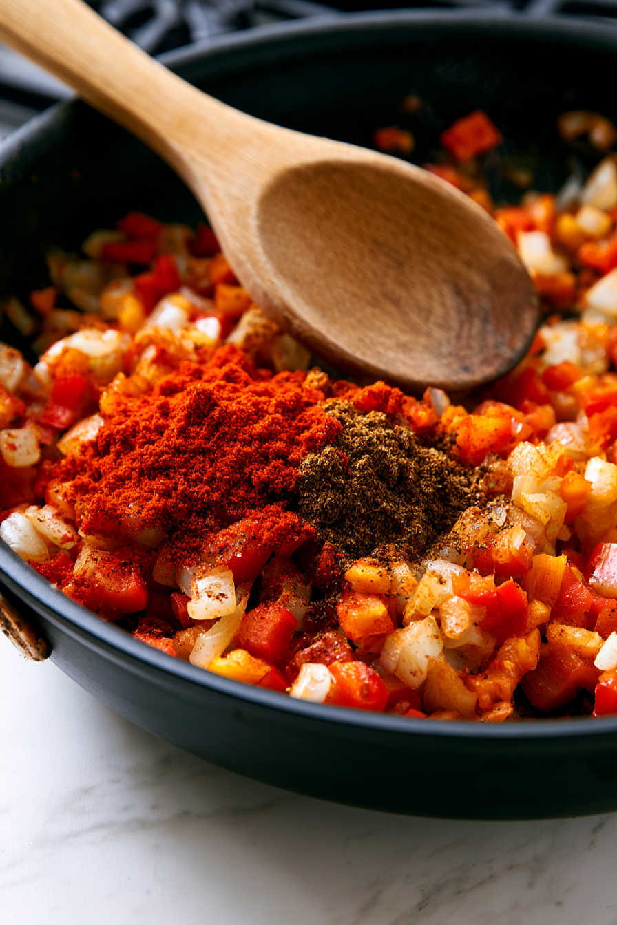 Add the smoked paprika, chili powder, garlic powder, onion powder, and cumin. Stir constantly for 1 minute to bloom the spices.