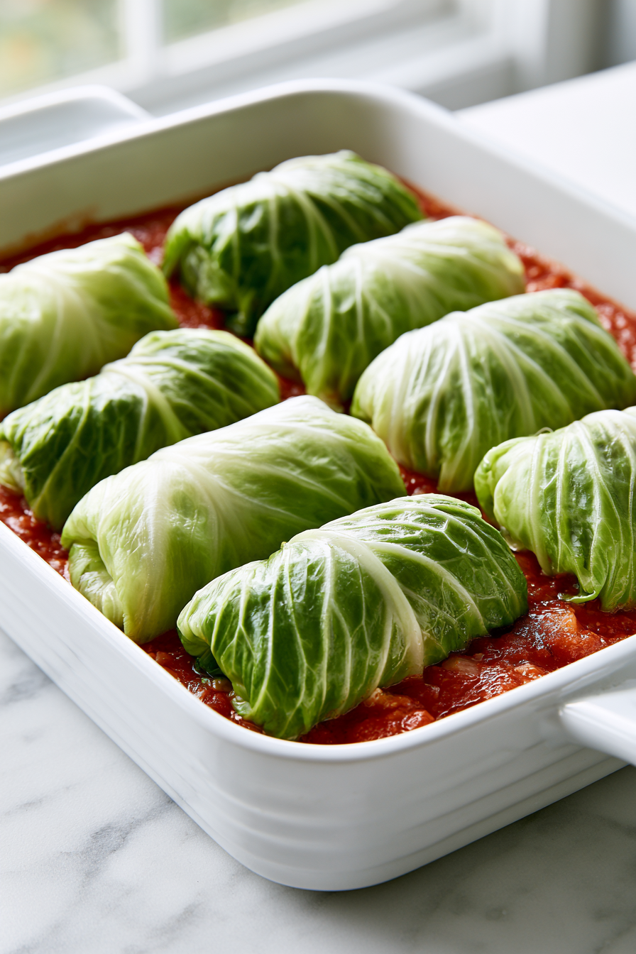 Arrange the cabbage rolls seam-side down in the prepared baking dish