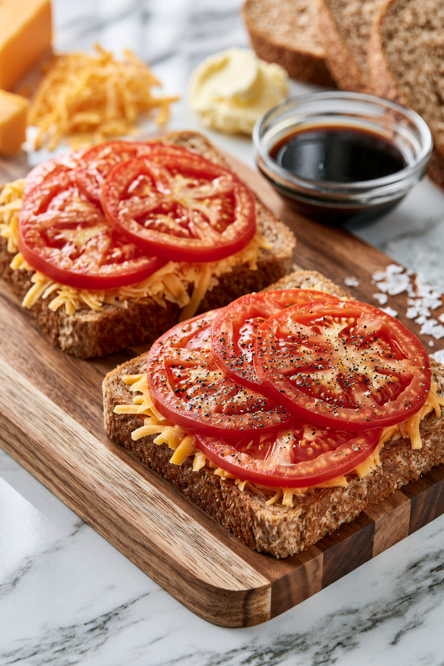 Arrange the tomato slices over the cheese and lightly season with black pepper if desired
