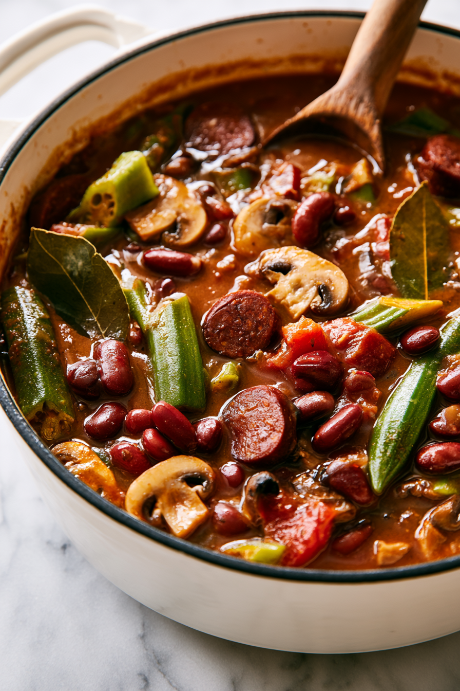 Bring the gumbo to a gentle boil, then reduce the heat to low. Cover and simmer for 35 to 40 minutes, stirring occasionally, until the vegetables are tender and the broth has thickened