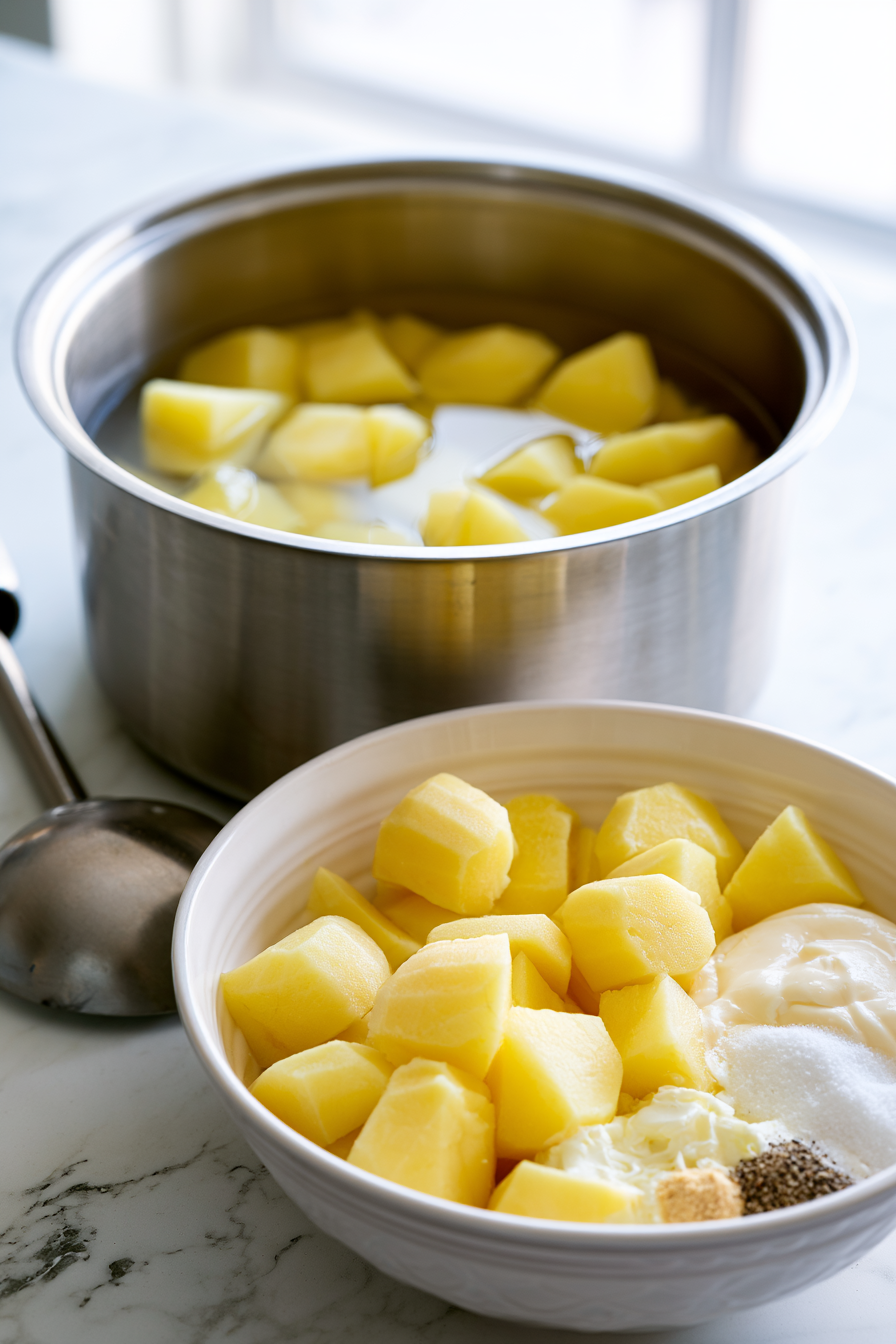 Bring to a boil then mash with the butter, warm milk, sour cream, garlic powder, salt, and black pepper until smooth and creamy